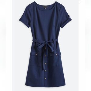 Fortune+ Ivy Adene Fitted Ponte Shirt Dress Navy Midi Button Accents